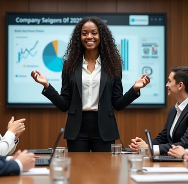 a woman in a suit and tie is standing in front of a group of people