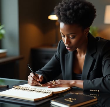 a woman in a black suit and a notebook