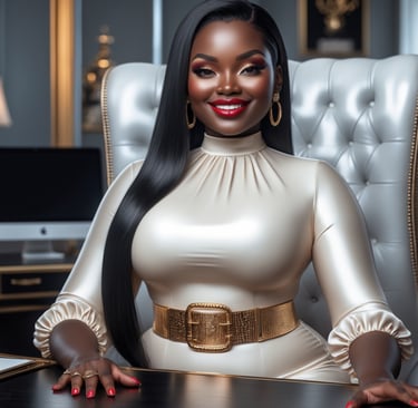 Stella an AI Black woman in a white dress sitting at a desk