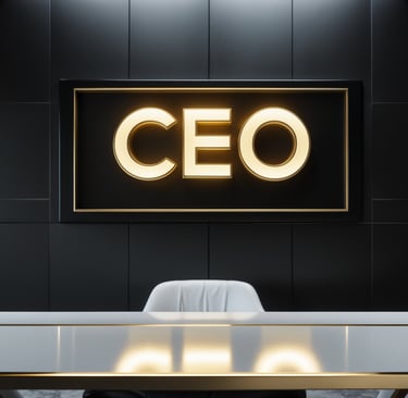 a desk with a chair and a desk with a sign that says ceo