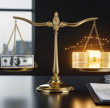 a scale with money and coins on each side on a desk 