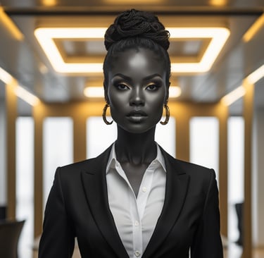 a woman in a suit and earrings standing in a room