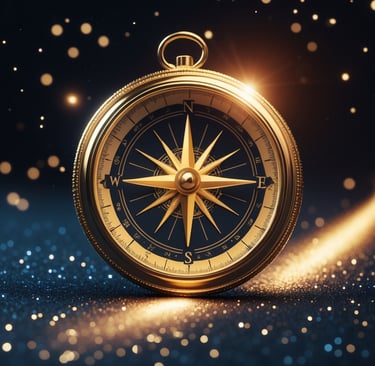 a gold compass rosette with a compass on a blue background