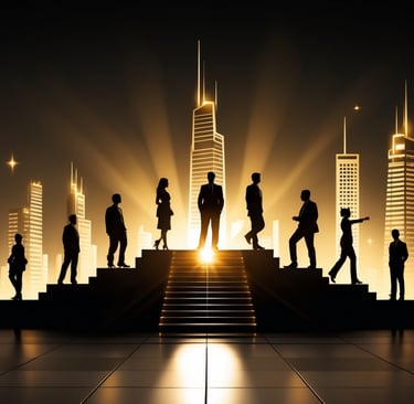 a group of people walking up stairs in a city