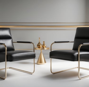 a pair of chairs with a table and vases