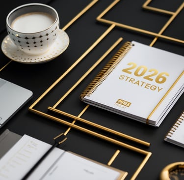 “Gold and white 2026 strategy planner on a desk with coffee, representing job search planning and pe