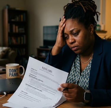 Stressed woman reviewing her resume at home, representing the challenges of job hunting and career transitions.