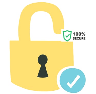 100% SECURE" in black font. A light blue circle with a white checkmark is positioned below the padlo