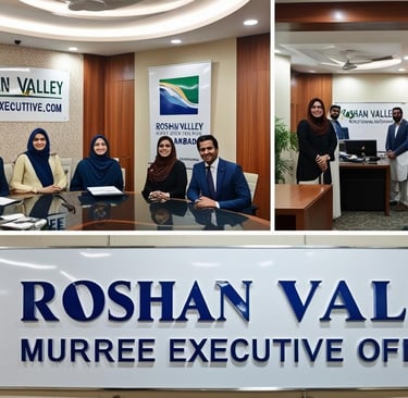 a group of people sitting around a table with a sign that says roshan valley