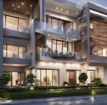 a modern house with a large balcony and a car parked in front of it