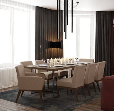 a dining room table with a table set for four