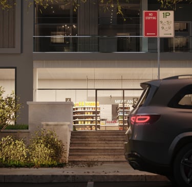 a car parked in front of a building