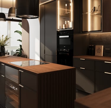 a kitchen with a large wooden counter top