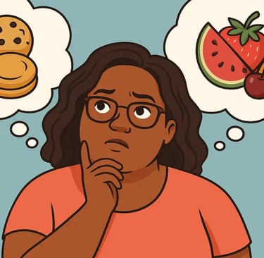Cartoon image of a plus-size woman thinking about food choices, with one thought bubble showing cookies and the other showing