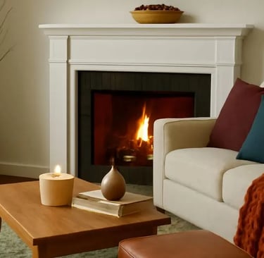 Cozy living room with fall decor and a warm rug, creating a comfortable and inviting atmosphere perfect for autumn relaxation
