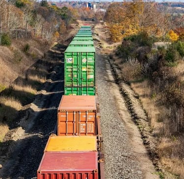 cargo train on track with fall trees of orange and , golden
