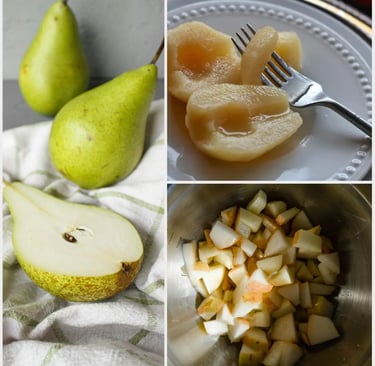 a collage of canned pears on a white plate , a picture of pears on a linen cloth and one of them is cut in half