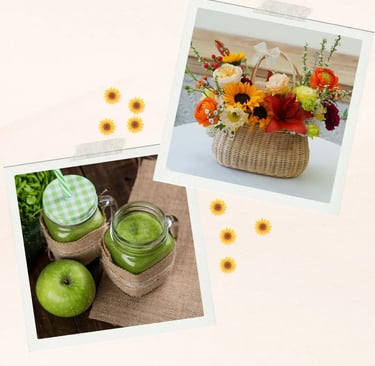collage of two pictures of jar smoothie and a green apple with burlap decor on the jar and placemat.