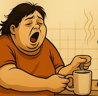 plus sized woman with coffee mug and yawning because she is sleepy