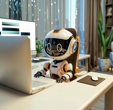 A realistic styled cartoon of a robot working at a computer