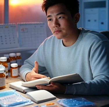 Man with journal and medications