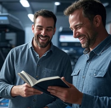 Two mwn at printers looking over book