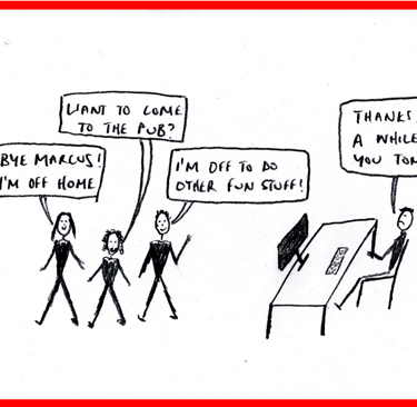 Cartoon showing Marcus still working while others leave office