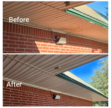Sidewalk awning cleaned of dirt and webs.