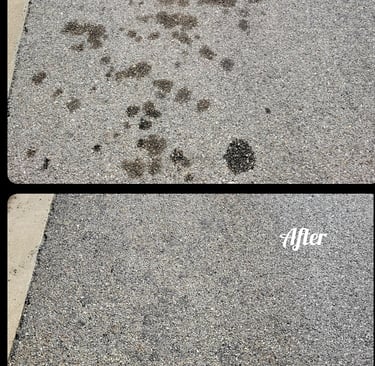 Another picture of oil spots along curb before and after cleaned.