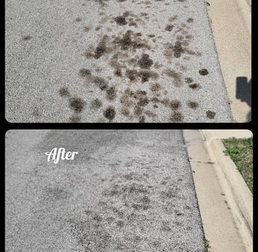 Picture of oil spots along curb before and after cleaned..