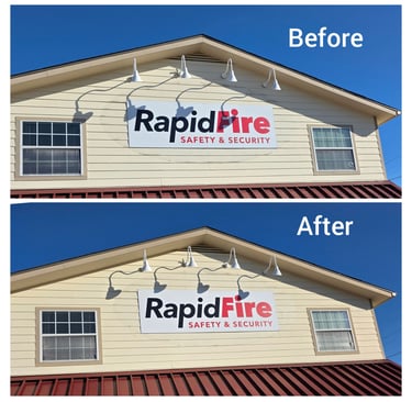 Removed dirt and grime from where old business sign was located on front of building. 