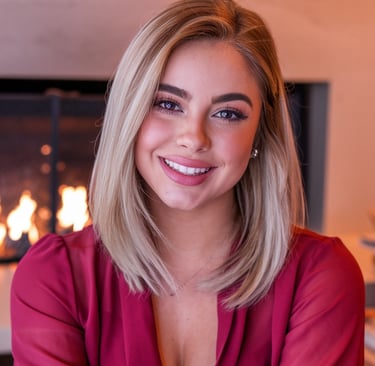 femme blonde en tenue rouge et souriante