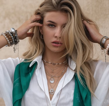 jeune femme blonde portrait stylisé avec des accessoires colleirs et bracelets