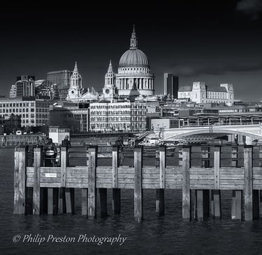 St Pauls Cathedral and London Skyline viewed from Gabriel's Wharf, photography by Philip Preston.