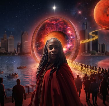 Afrofuturism art of a woman in a red cloak against a surreal Detroit skyline with cosmic portals.
