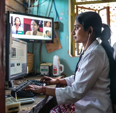a woman in a white lab coat sitting at a computer for telemedicine