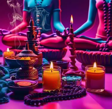 a buddha statue sitting on a table with candles and candles