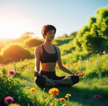 a woman sitting in a field with a sunlit