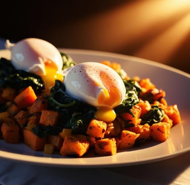 a plate of food with eggs and spinach