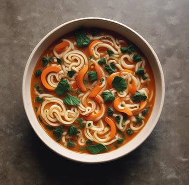 A steaming bowl of vegetable soup garnished with fresh herbs and colorful vegetables.