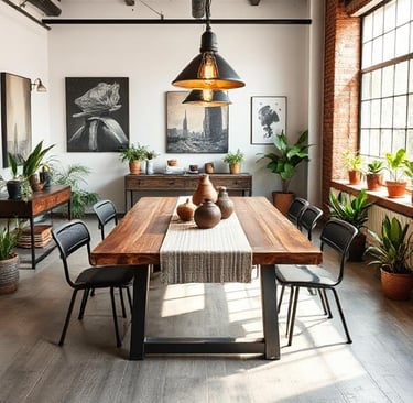 industrial dining room with raw wood table, black metal chairs, 