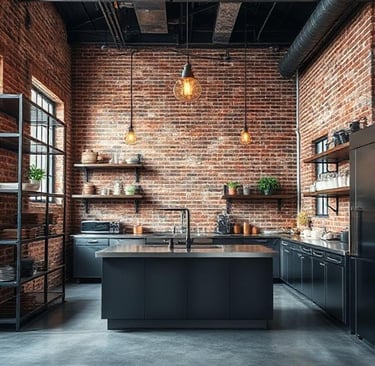 industrial kitchen design with metal shelving, stainless steel appliances, concrete countertops, 