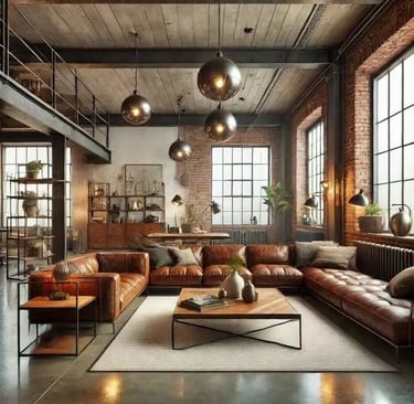 industrial living room with exposed ductwork, neutral palette, leather sofa, and metal accent table