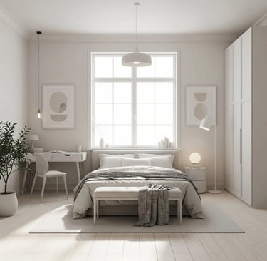Serene White Minimalist Bedroom Design with Clean Lines and Cozy Modern Decor