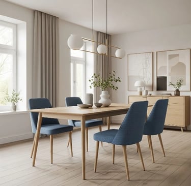 Elegant Minimalist Dining Room with Sleek Furniture and Light, Airy Aesthetic