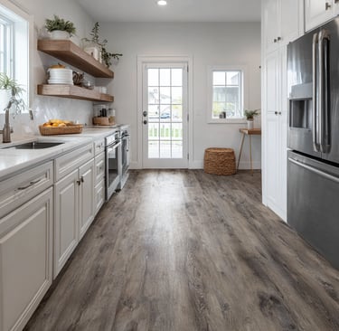 Modern Katy, Texas kitchen featuring water-resistant vinyl flooring installation with wood-look plan