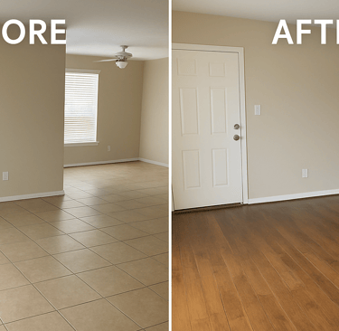 Before and after flooring installation Katy TX showing hardwood transformation