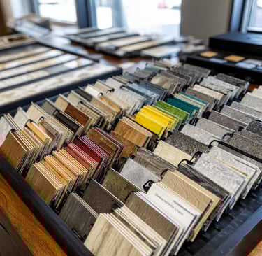 Organized display of vinyl and linoleum flooring samples showing various textures, colors, and patte