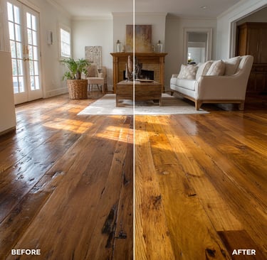 A split-screen image showing "before and after" of a Katy home's living room floor transformation