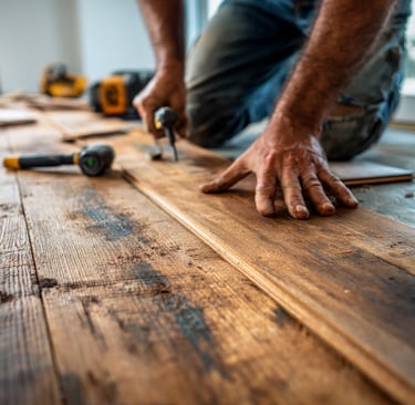 A close-up action shot of skilled hands installing hardwood flooring, showing precision tools and th